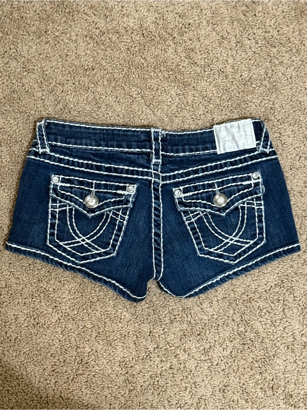 L.A. Idol Dark Blue Denim Short Shorts with White Contrast Stitching - Picture 2 of 5